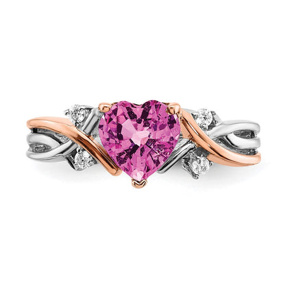 14K Bicolor-Gold Ring mit herzförmigem synthetischem Rosa Saphir und echten Diamanten