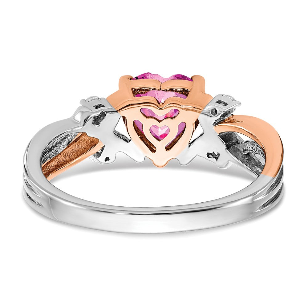 14K Bicolor-Gold Ring mit herzförmigem synthetischem Rosa Saphir und echten Diamanten