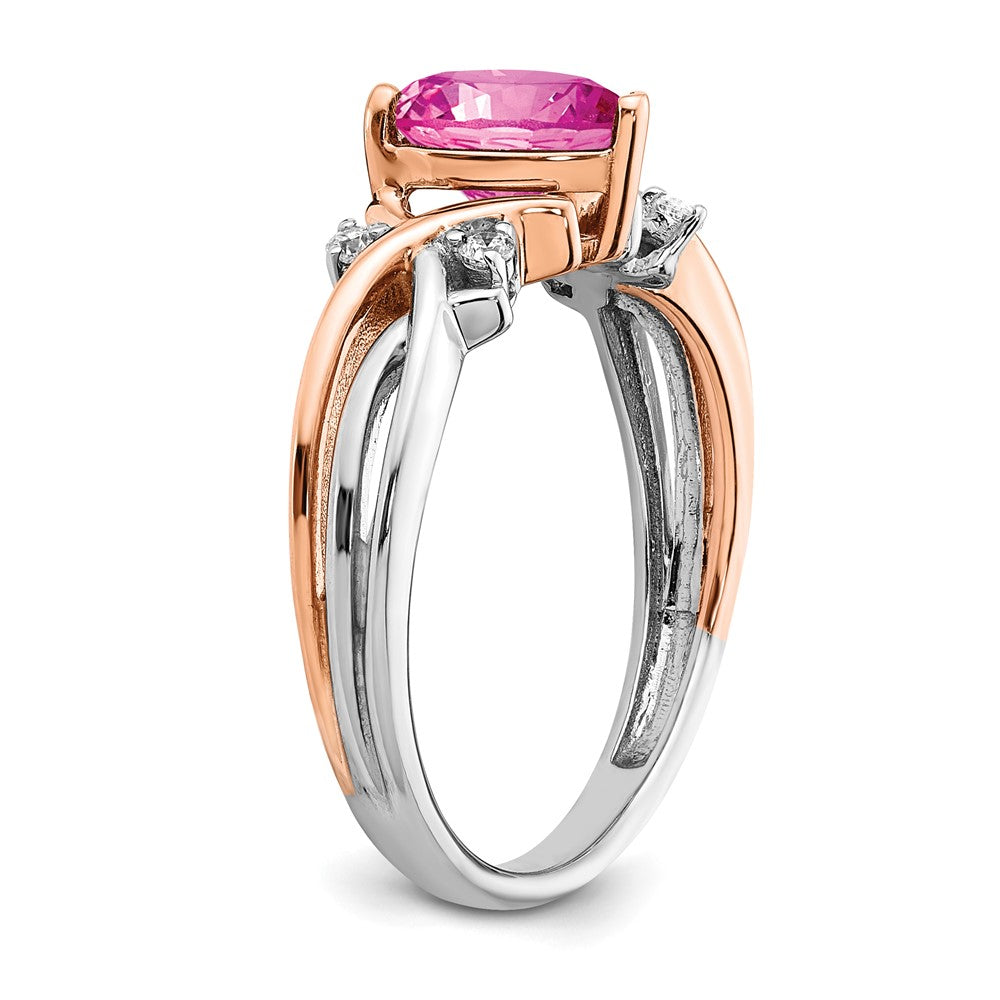 14K Bicolor-Gold Ring mit herzförmigem synthetischem Rosa Saphir und echten Diamanten