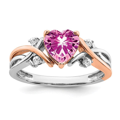 14K Bicolor-Gold Ring mit herzförmigem synthetischem Rosa Saphir und echten Diamanten