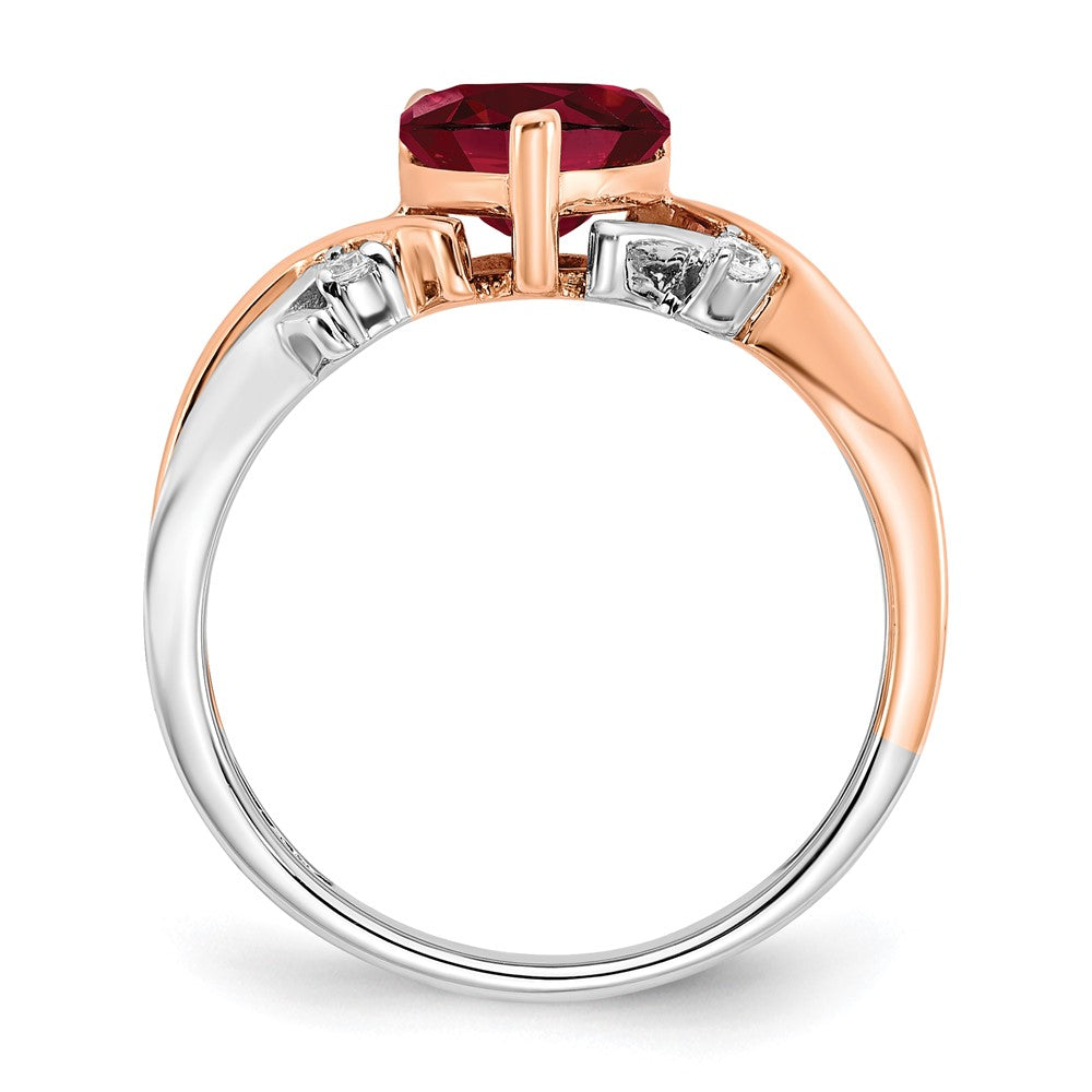 14K Bicolor Gold Herz-Ring mit synthetischem Rubin und echten Diamanten
