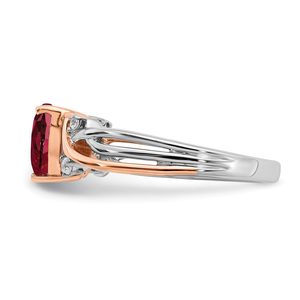 14K Bicolor Gold Herz-Ring mit synthetischem Rubin und echten Diamanten