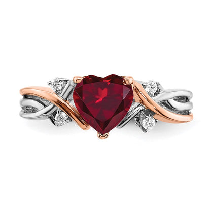 14K Bicolor Gold Herz-Ring mit synthetischem Rubin und echten Diamanten