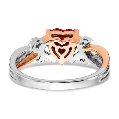14K Bicolor Gold Herz-Ring mit synthetischem Rubin und echten Diamanten
