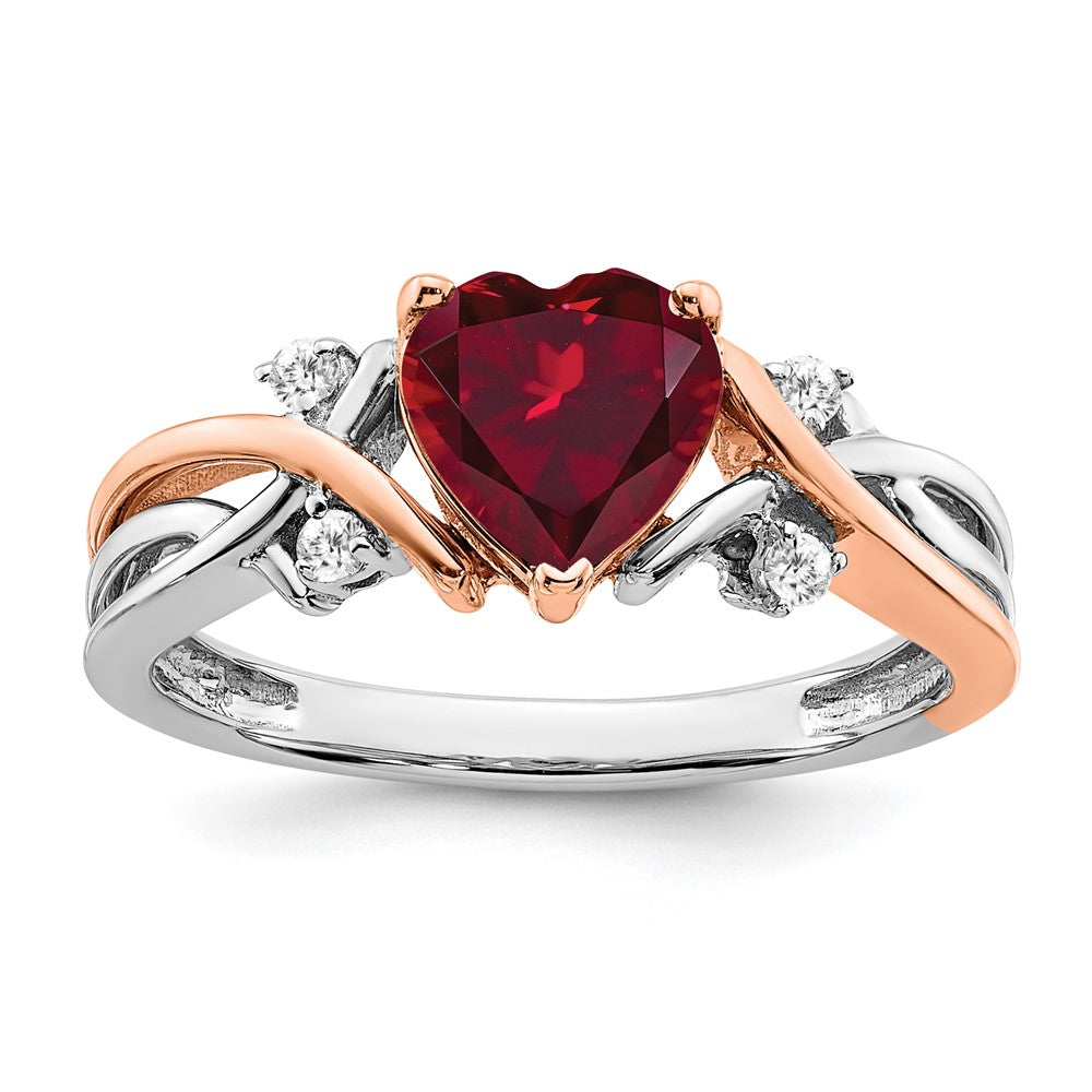 14K Bicolor Gold Herz-Ring mit synthetischem Rubin und echten Diamanten