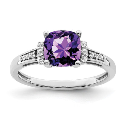 14K Weißgold Ring mit Kissenschliff-Amethyst und echten Diamanten