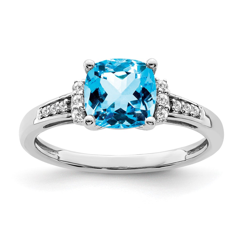14K Weißgold Ring mit Kissenschliff-Blautopas und echten Diamanten