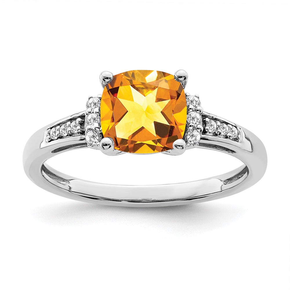 14K Weißgold Ring mit Kissenschliff-Citrin und echten Diamanten