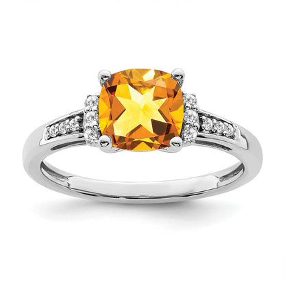 14K Weißgold Ring mit Kissenschliff-Citrin und echten Diamanten