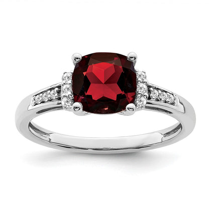 14K Weißgold Ring mit Kissenschliff-Granat und echten Diamanten