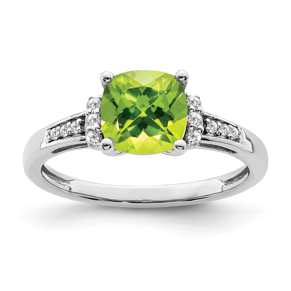 14K Weißgold Ring mit Kissenschliff-Peridot und echten Diamanten