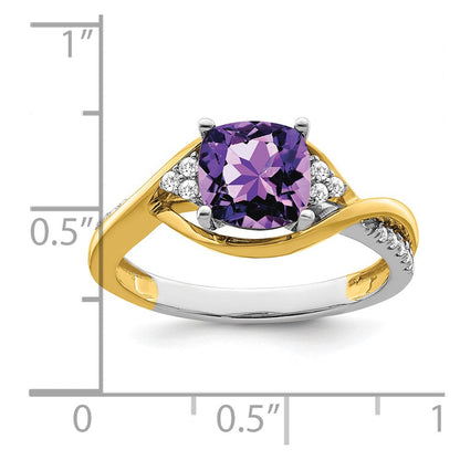 14K Bicolor-Gold Ring mit Kissenschliff-Amethyst und echten Diamanten