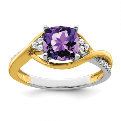 14K Bicolor-Gold Ring mit Kissenschliff-Amethyst und echten Diamanten