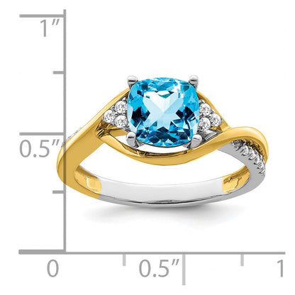 14K Bicolor Gold Ring mit Kissenschliff-Blautopas und echten Diamanten