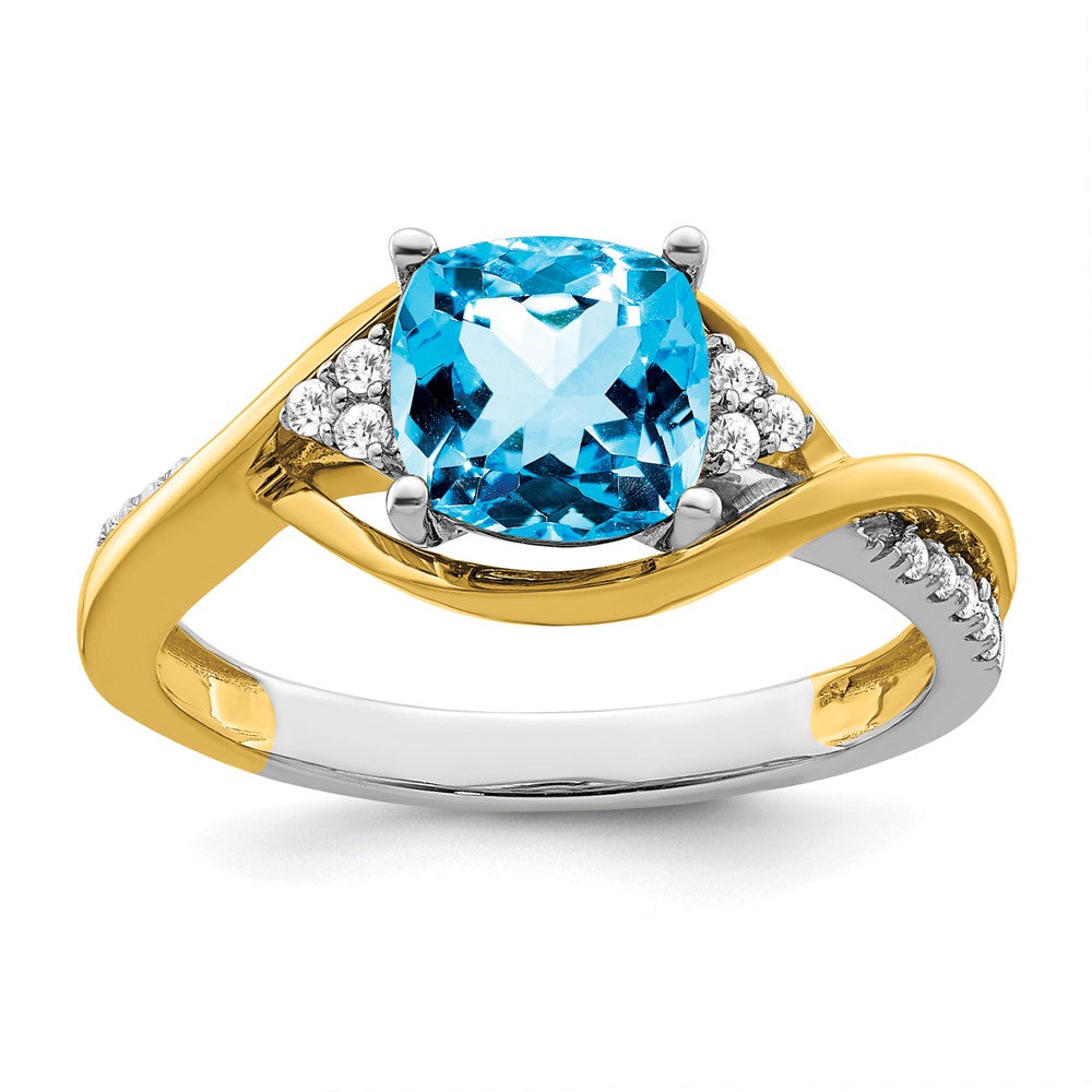 14K Bicolor Gold Ring mit Kissenschliff-Blautopas und echten Diamanten