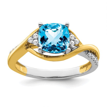 14K Bicolor Gold Ring mit Kissenschliff-Blautopas und echten Diamanten