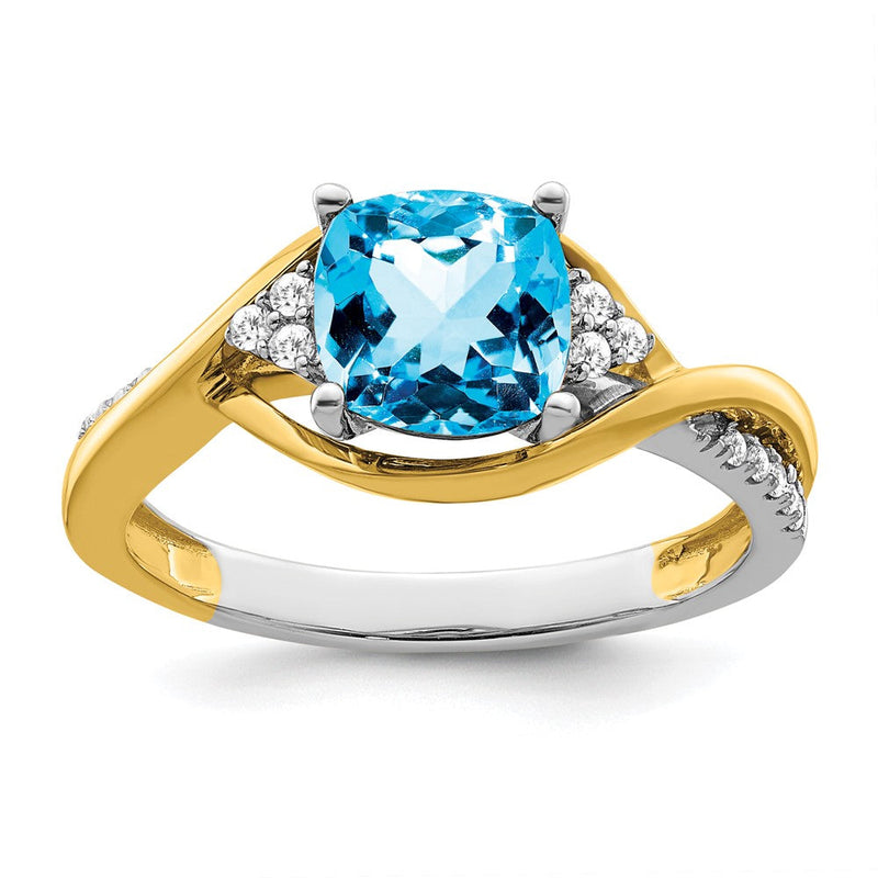14K Bicolor Gold Ring mit Kissenschliff-Blautopas und echten Diamanten