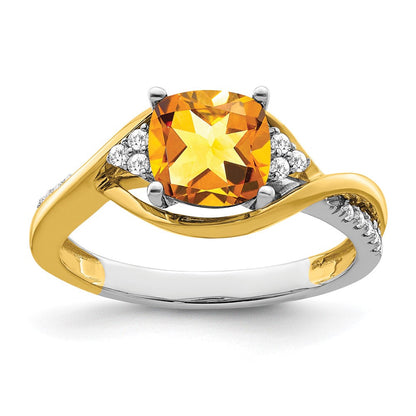 14K Bicolor Ring mit Kissenschliff-Citrin und echten Diamanten