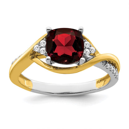 14K Bicolor Gold Ring mit Kissenschliff-Granat und echten Diamanten