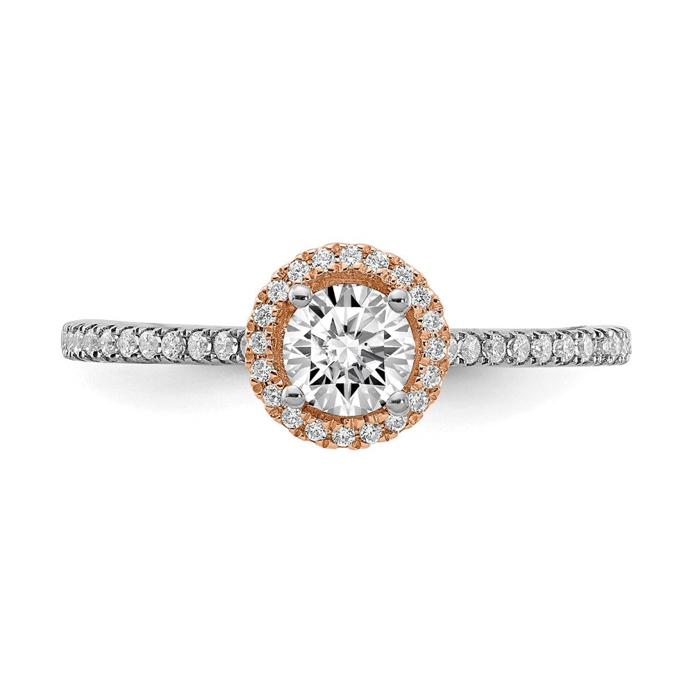 14K Bicolor Rosé- und Weißgold Verlobungsring mit 0,5 ct. Laborgezüchteten Diamanten im Rundschliff, VS/SI+ G+, mit Halo-Fassung