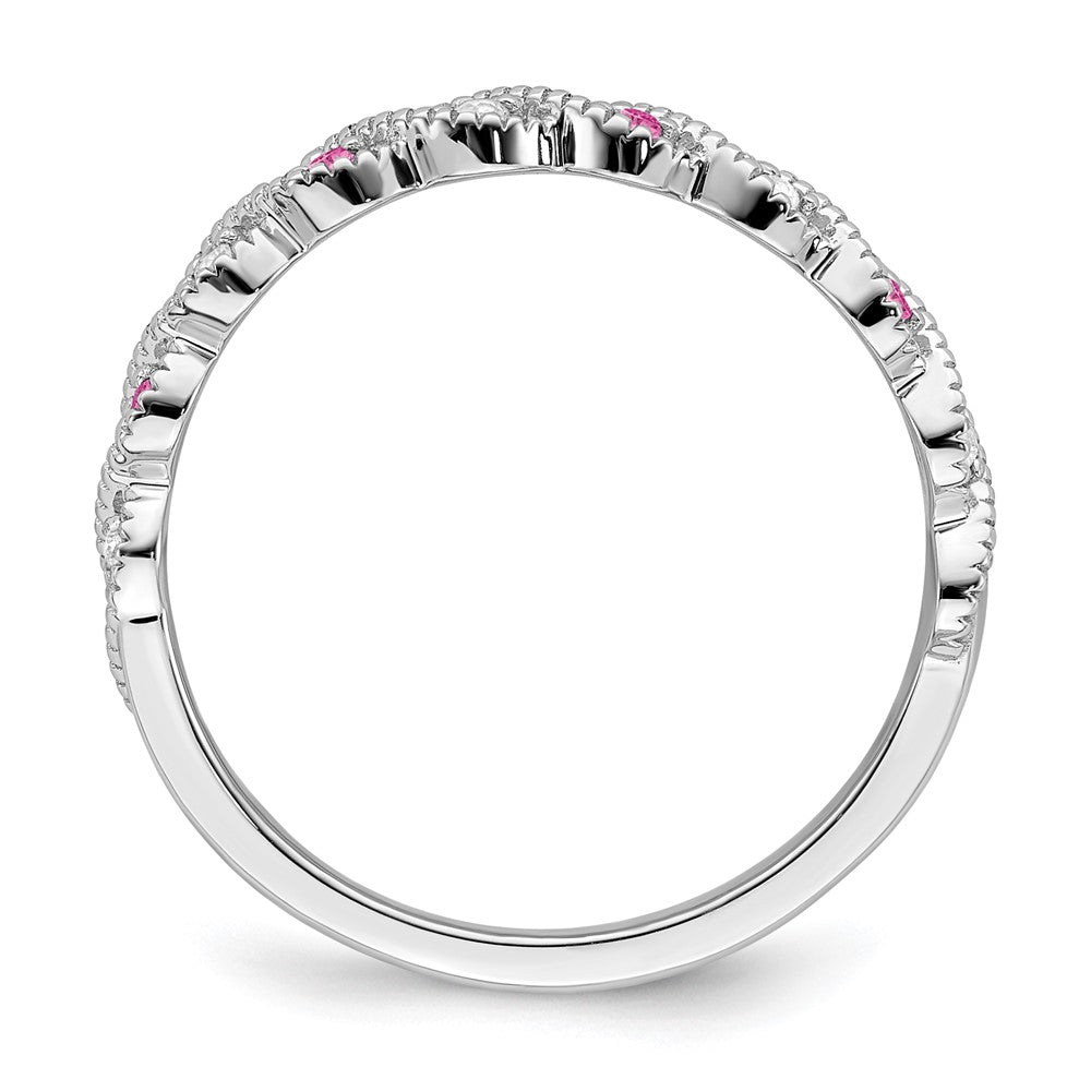 14K Weißgold Ring mit gezüchtetem pinkfarbenem Saphir und echtem Diamant, gedreht