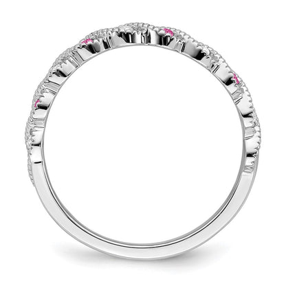 14K Weißgold Ring mit gezüchtetem pinkfarbenem Saphir und echtem Diamant, gedreht
