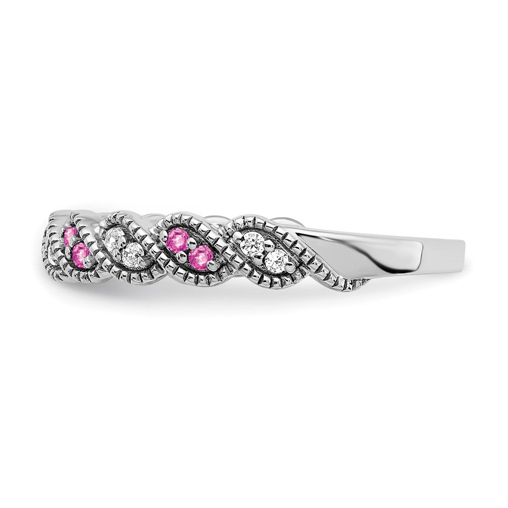 14K Weißgold Ring mit gezüchtetem pinkfarbenem Saphir und echtem Diamant, gedreht
