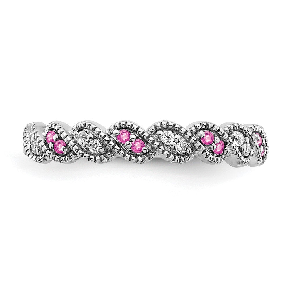 14K Weißgold Ring mit gezüchtetem pinkfarbenem Saphir und echtem Diamant, gedreht