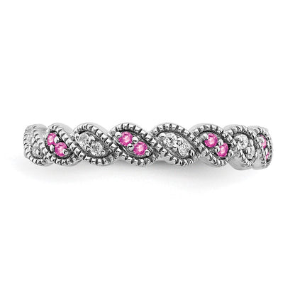 14K Weißgold Ring mit gezüchtetem pinkfarbenem Saphir und echtem Diamant, gedreht