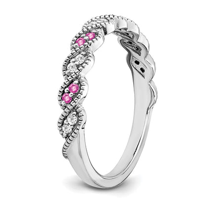 14K Weißgold Ring mit gezüchtetem pinkfarbenem Saphir und echtem Diamant, gedreht