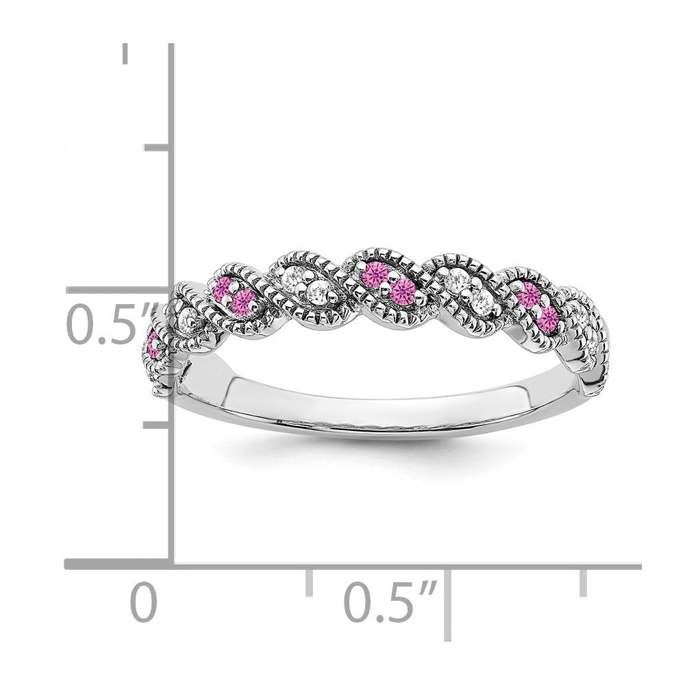 14K Weißgold Ring mit gezüchtetem pinkfarbenem Saphir und echtem Diamant, gedreht
