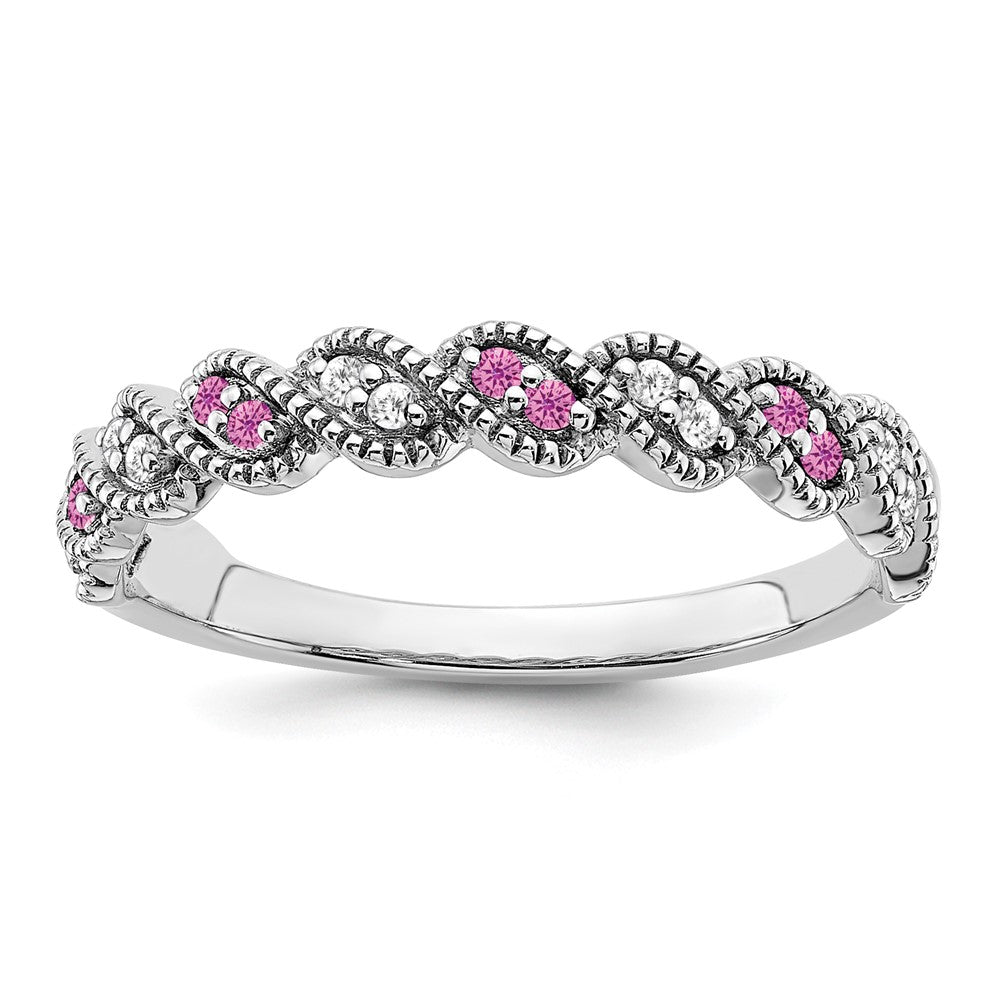 14K Weißgold Ring mit gezüchtetem pinkfarbenem Saphir und echtem Diamant, gedreht