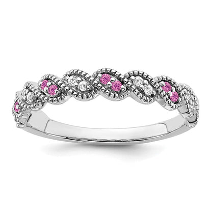 14K Weißgold Ring mit gezüchtetem pinkfarbenem Saphir und echtem Diamant, gedreht
