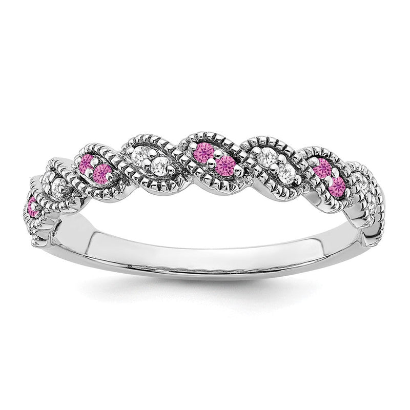14K Weißgold Ring mit gezüchtetem pinkfarbenem Saphir und echtem Diamant, gedreht