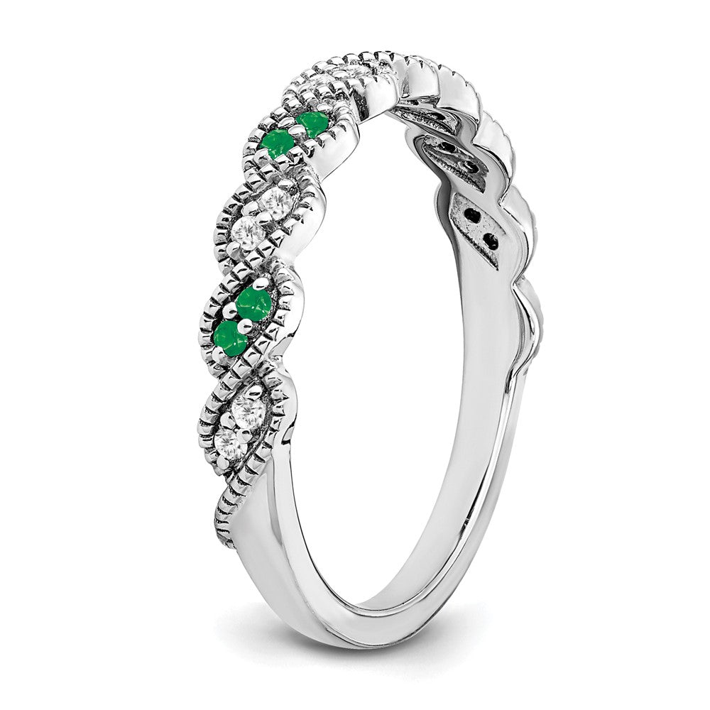 14K Weißgold Ring mit Smaragd und echten Diamanten, gedreht