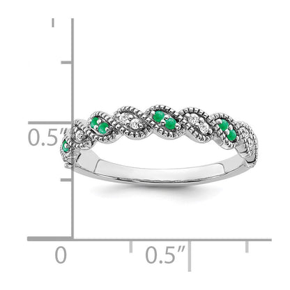 14K Weißgold Ring mit Smaragd und echten Diamanten, gedreht