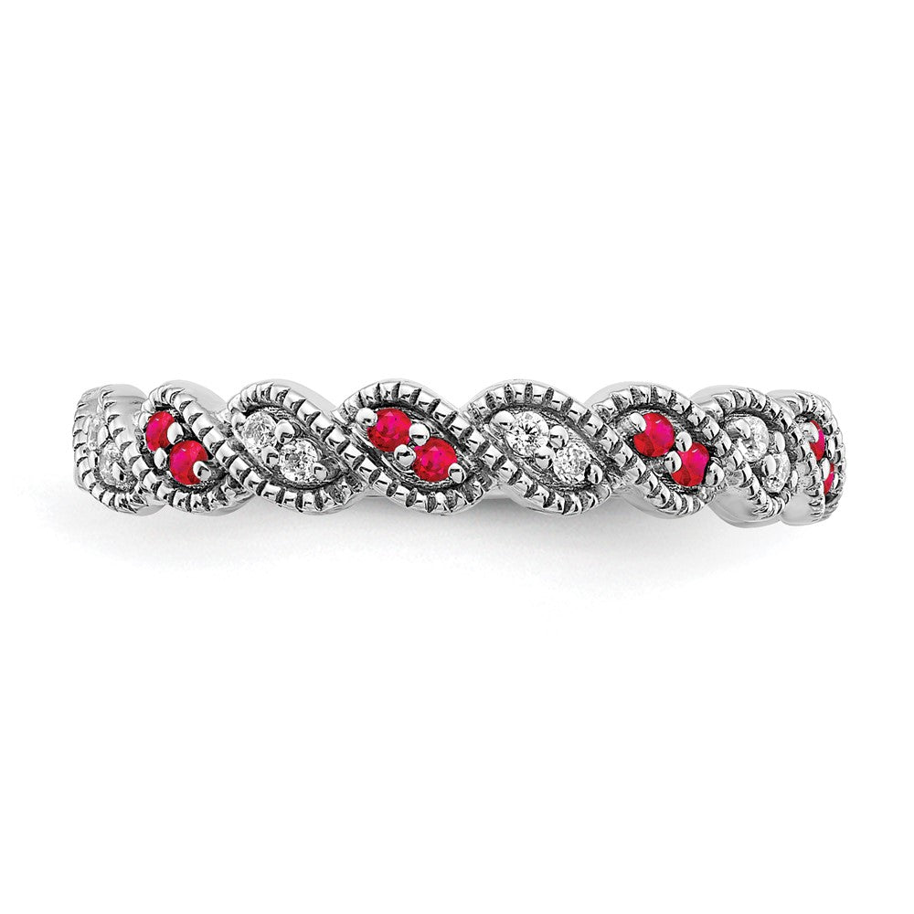 14K Weißgold Ring mit Rubin und echtem Diamant, gedreht