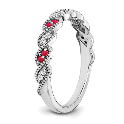 14K Weißgold Ring mit Rubin und echtem Diamant, gedreht
