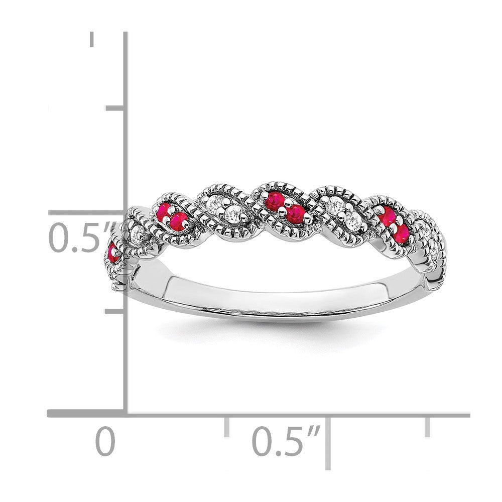 14K Weißgold Ring mit Rubin und echtem Diamant, gedreht