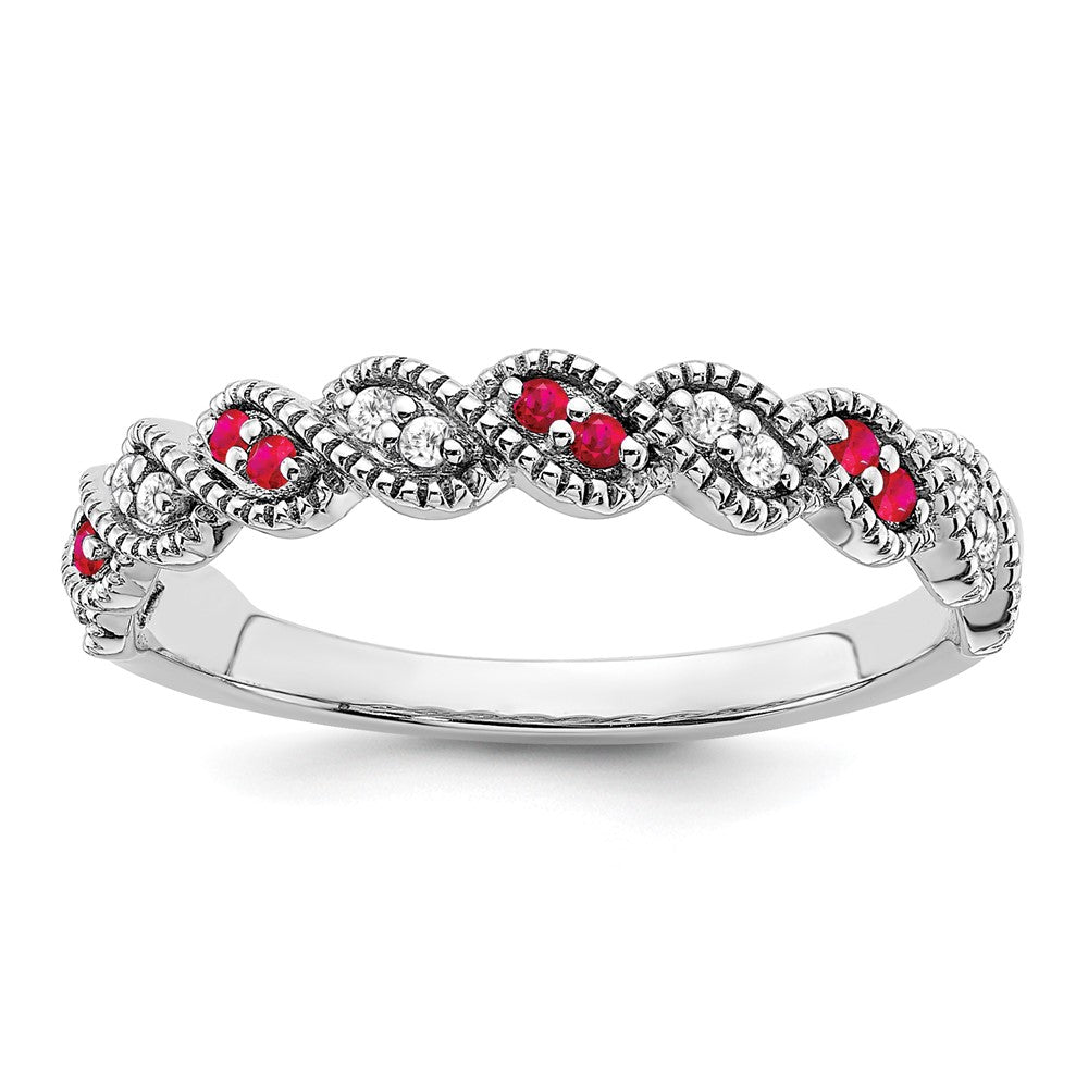 14K Weißgold Ring mit Rubin und echtem Diamant, gedreht
