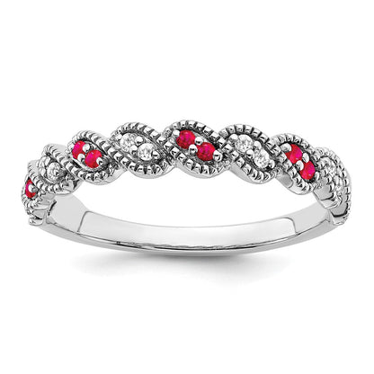 14K Weißgold Ring mit Rubin und echtem Diamant, gedreht