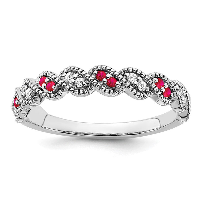 14K Weißgold Ring mit Rubin und echtem Diamant, gedreht