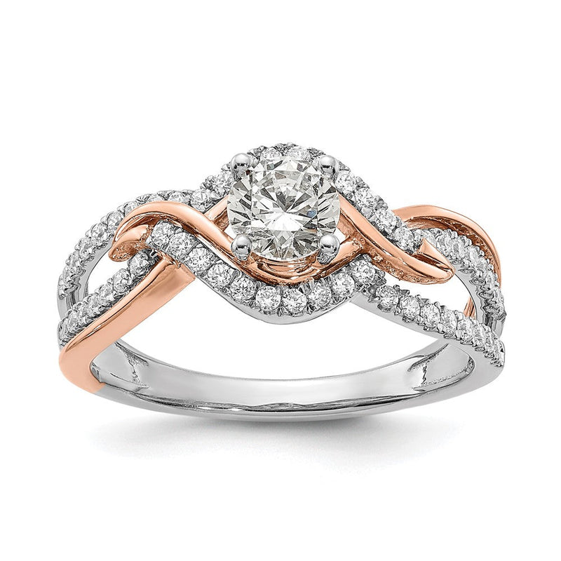 14K Bicolor Weiß und Roségold Kreuz (holds (1/2 Karat (5.2mm) Rund Mittig) 1/3 Diamant Halbfassung Verlobungsring