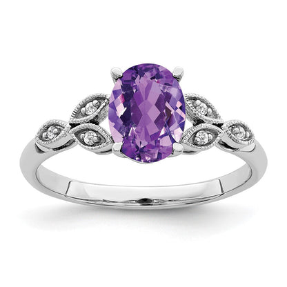 14K Weißgold Ring mit ovalem Amethyst und echten Diamanten