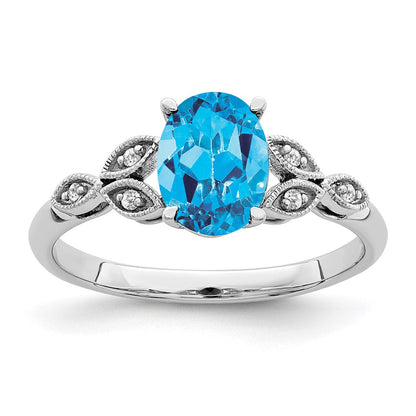 14K Weißgold Ring mit ovalem Blautopas und echten Diamanten