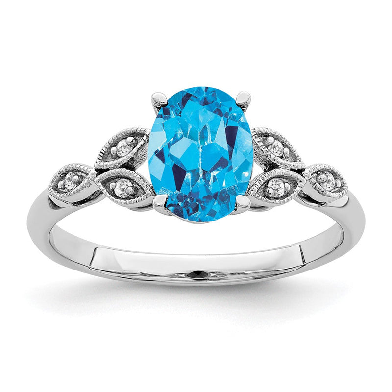 14K Weißgold Ring mit ovalem Blautopas und echten Diamanten
