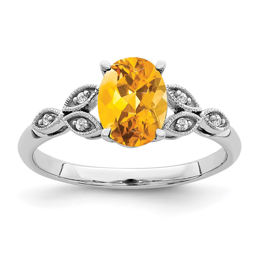 14K Weißgold Ring mit ovalem Citrin und echten Diamanten