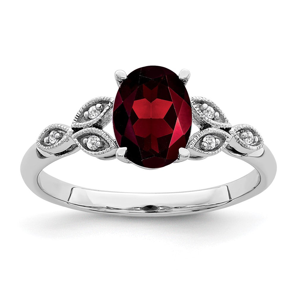 14K Weißgold Ring mit ovalem Granat und echten Diamanten