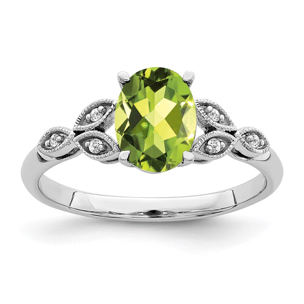 14K Weißgold Ring mit ovalem Peridot und echten Diamanten