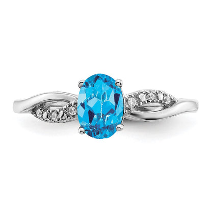 14K Weißgold Ring mit ovalem Blautopas und echten Diamanten